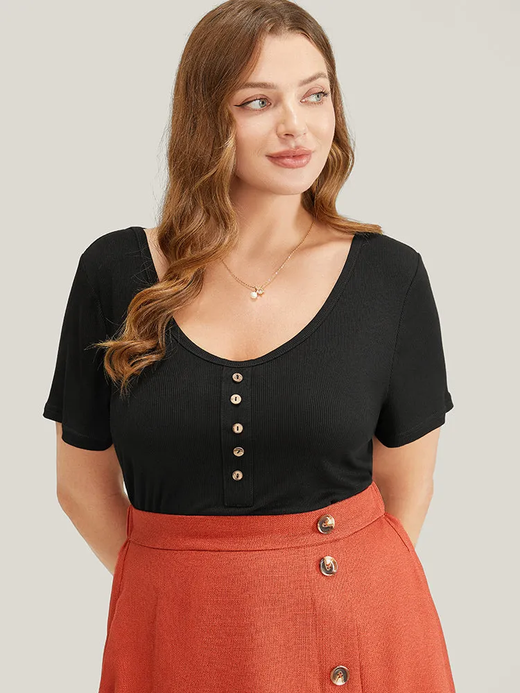 Supersoft Essentials Slightly Stretchy Rib Knit Button Detail T-shirt sold by Bloomchic product image thumbnail 5