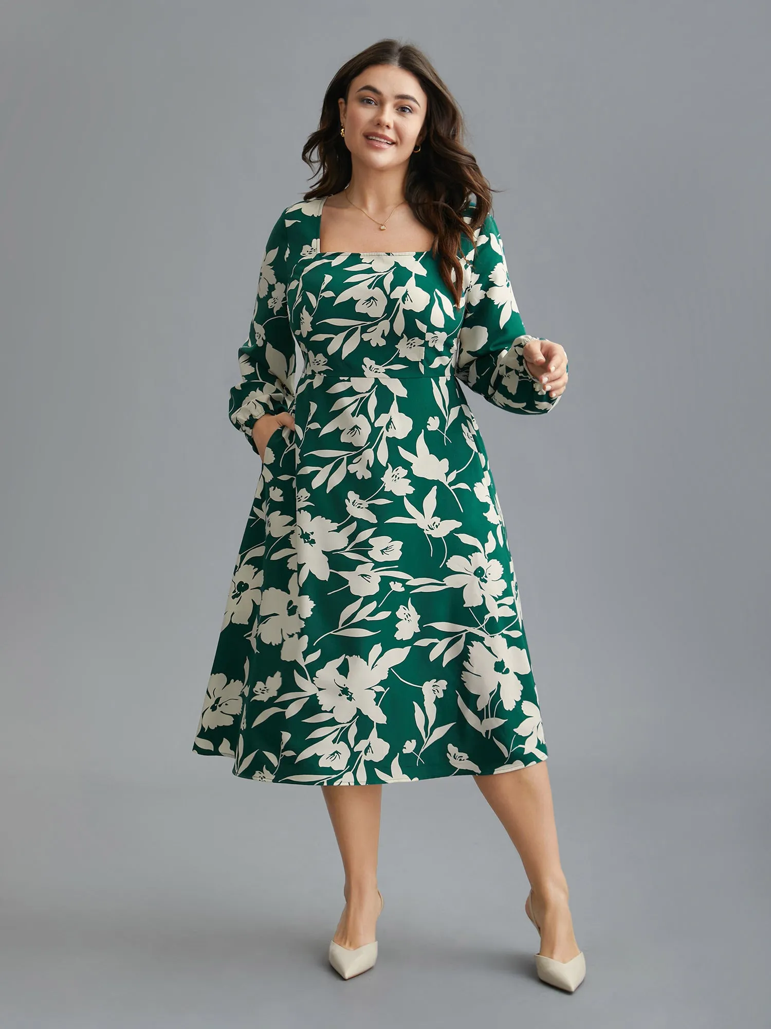 Floral Square Neck Elastic Waist Midi Dress sold by Bloomchic