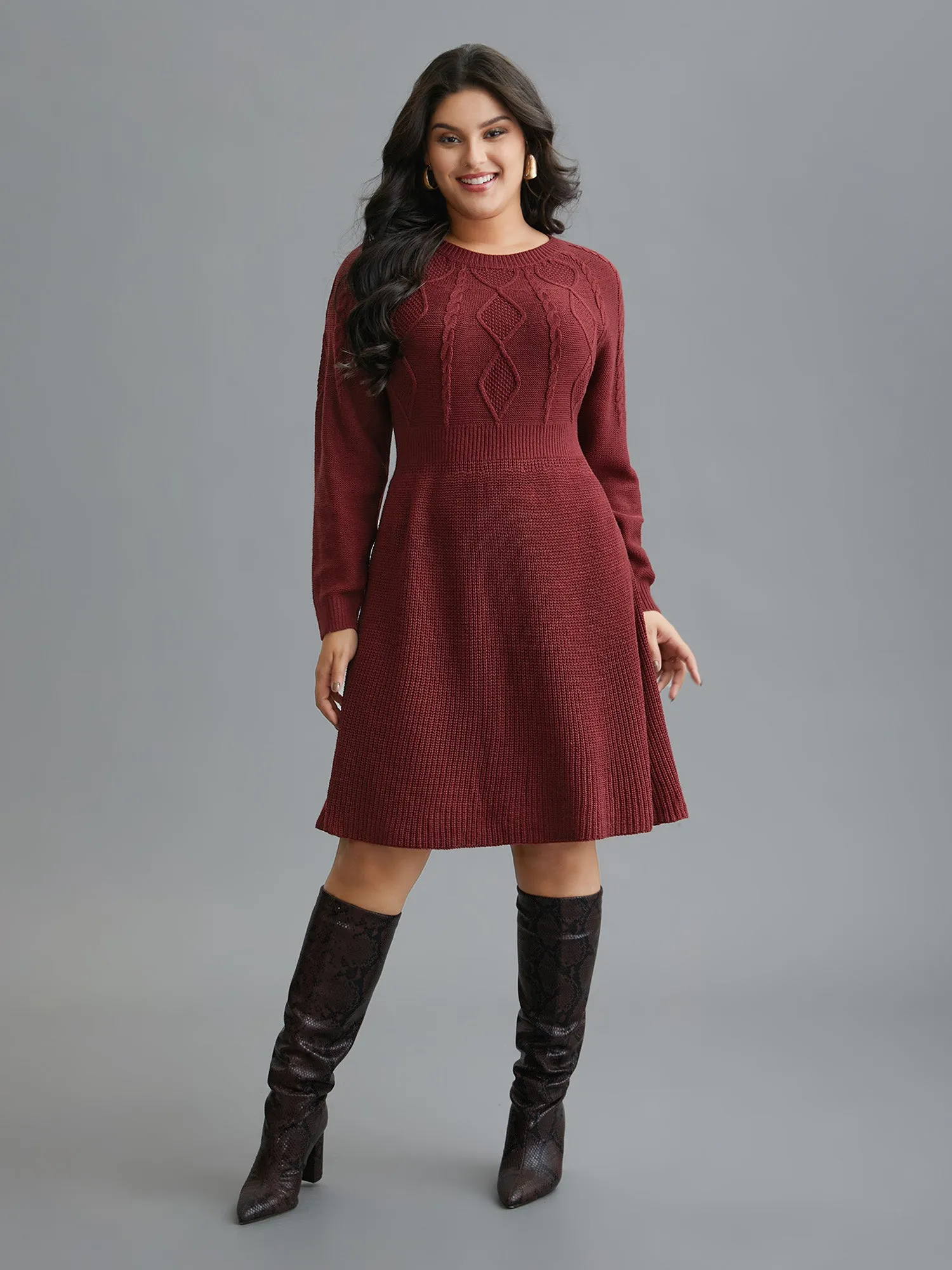 Cable Knit Raglan Sleeve Midi Sweater Dress sold by Bloomchic product image thumbnail 2