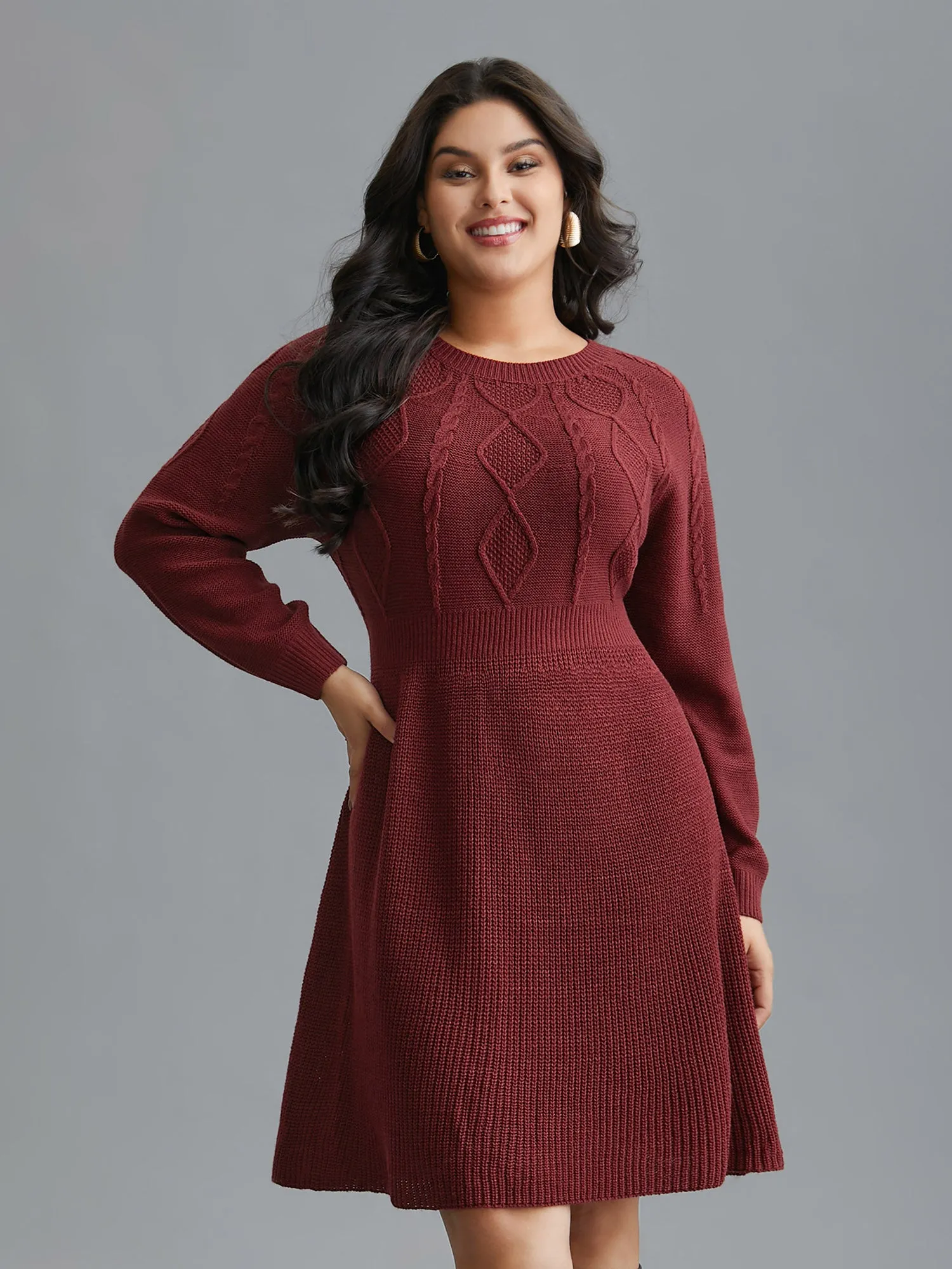 Cable Knit Raglan Sleeve Midi Sweater Dress sold by Bloomchic product image thumbnail 3