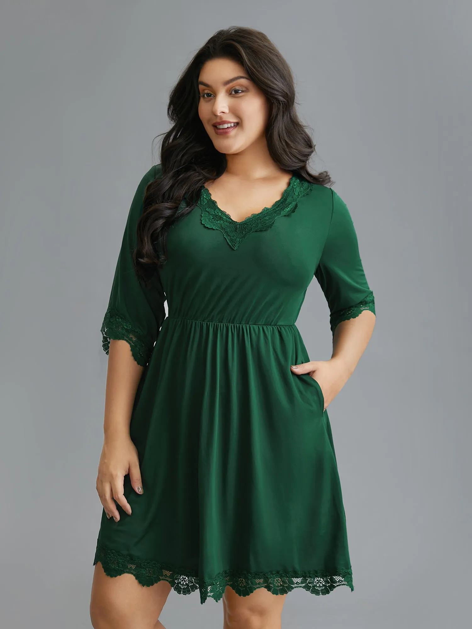 Lace Patchwork Pockets Ruffle Sleeve Dress sold by Bloomchic product image thumbnail 4