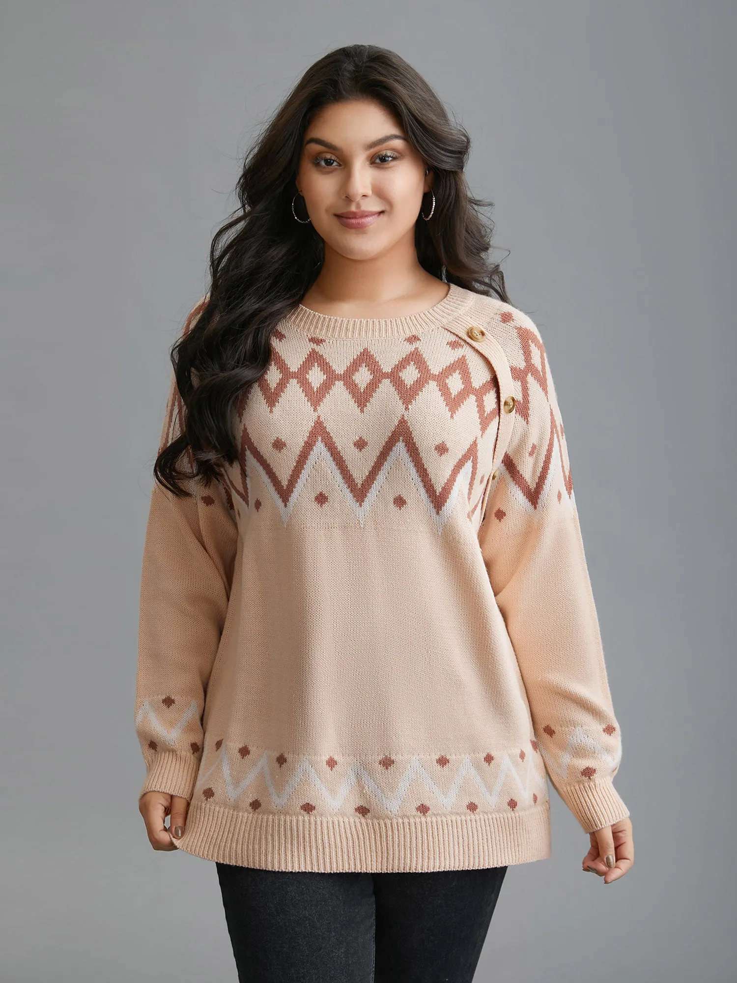 Jacquard Print Button Round Neck Pullover sold by Bloomchic product image thumbnail 3