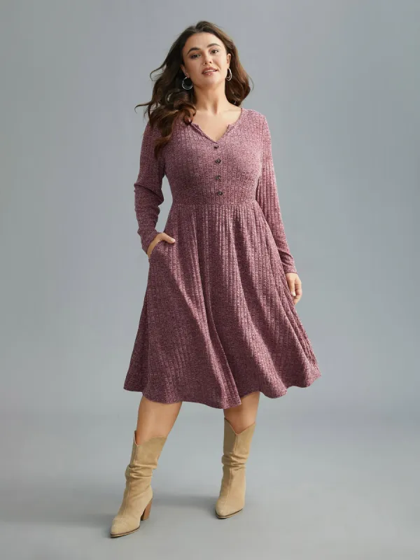 Knitted V-Neck Heather Button Detail Dress sold by Bloomchic