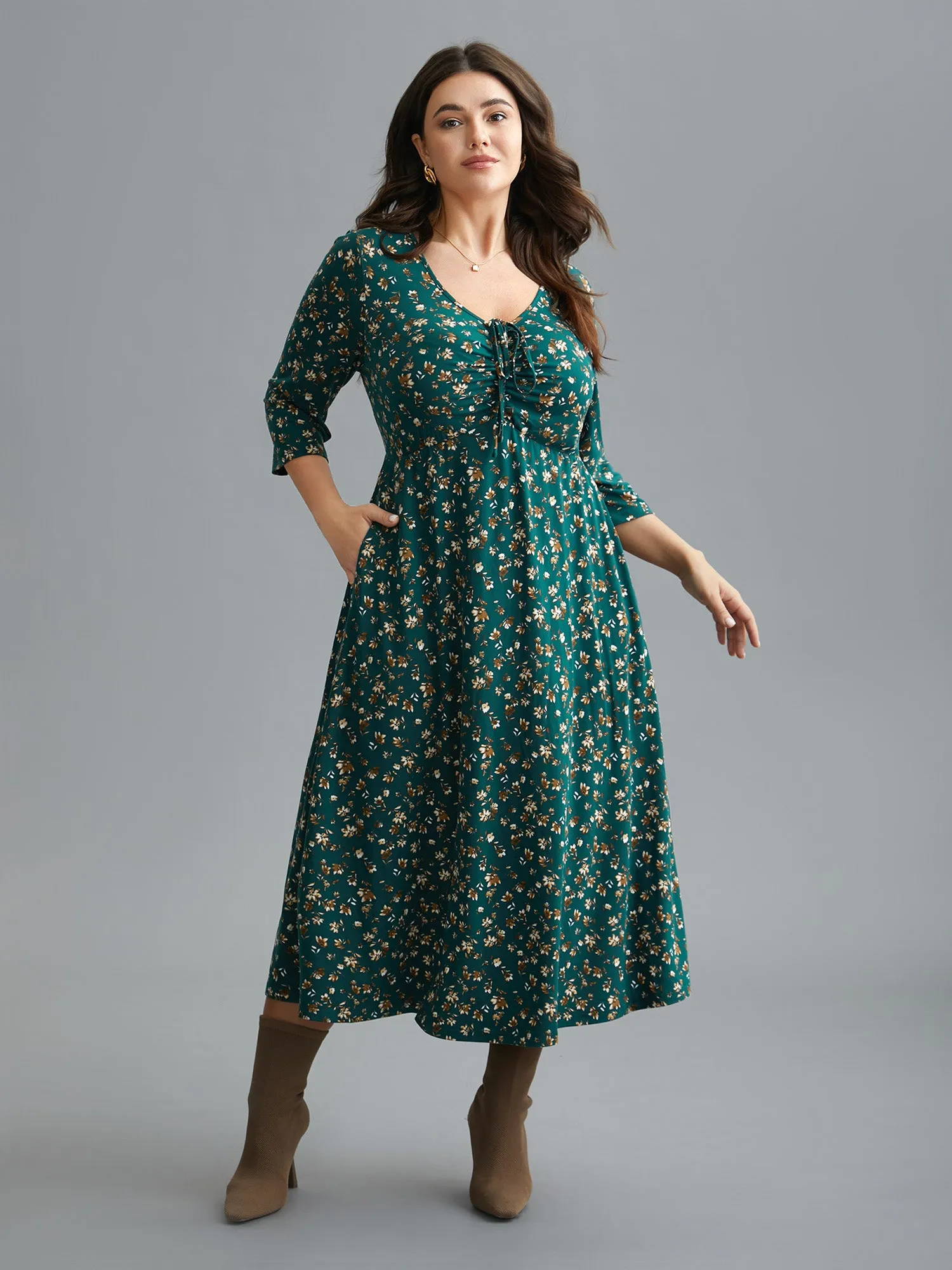 Ditsy Floral Chest Drawstring Midi Dress sold by Bloomchic