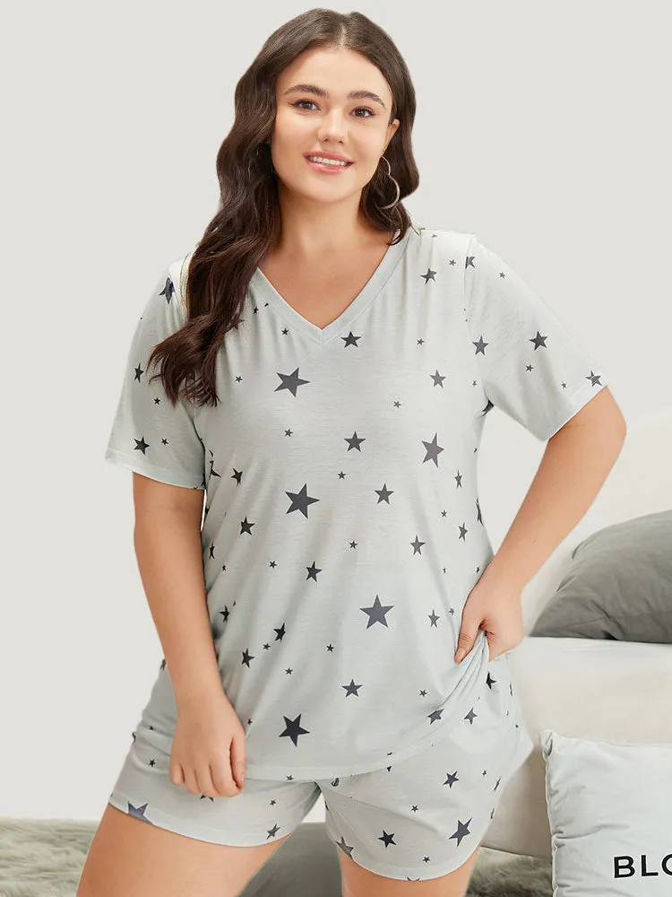 Star Print V Neck Short Sleeve Sleep Top sold by Bloomchic