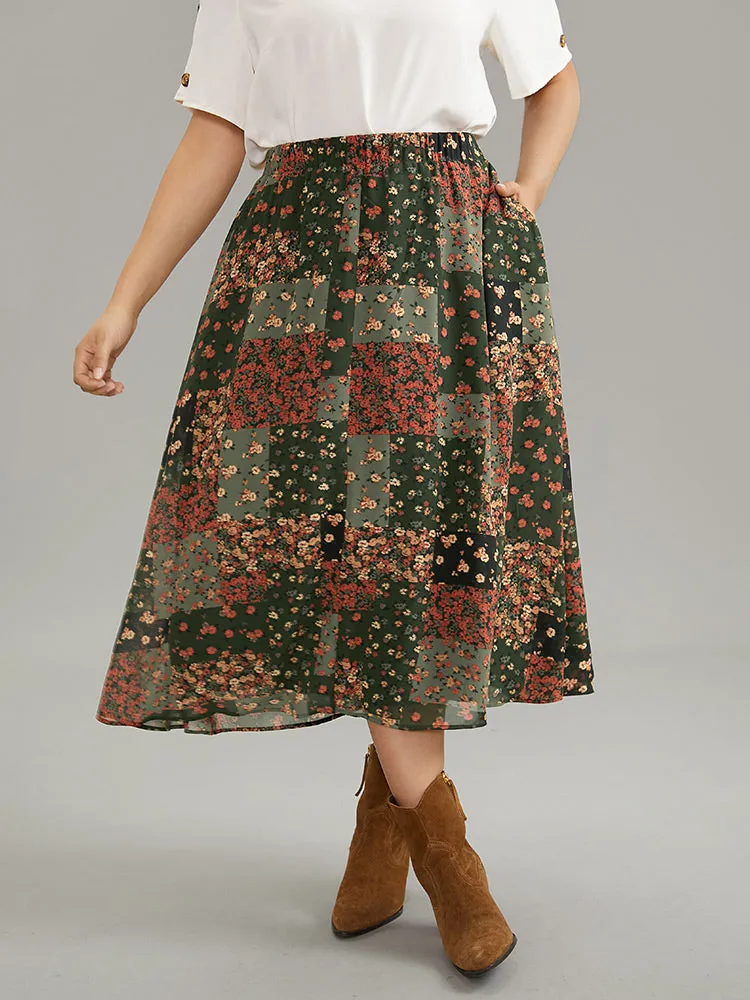 Ditsy Floral Colorblock Contrast Chiffon Skirt sold by Bloomchic