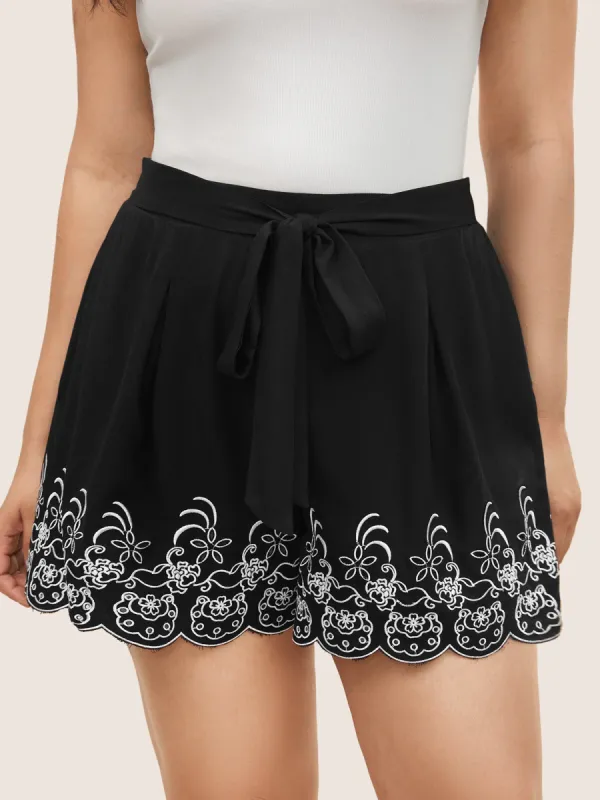 Floral Embroidered Ties Scalloped Trim Shorts sold by Bloomchic