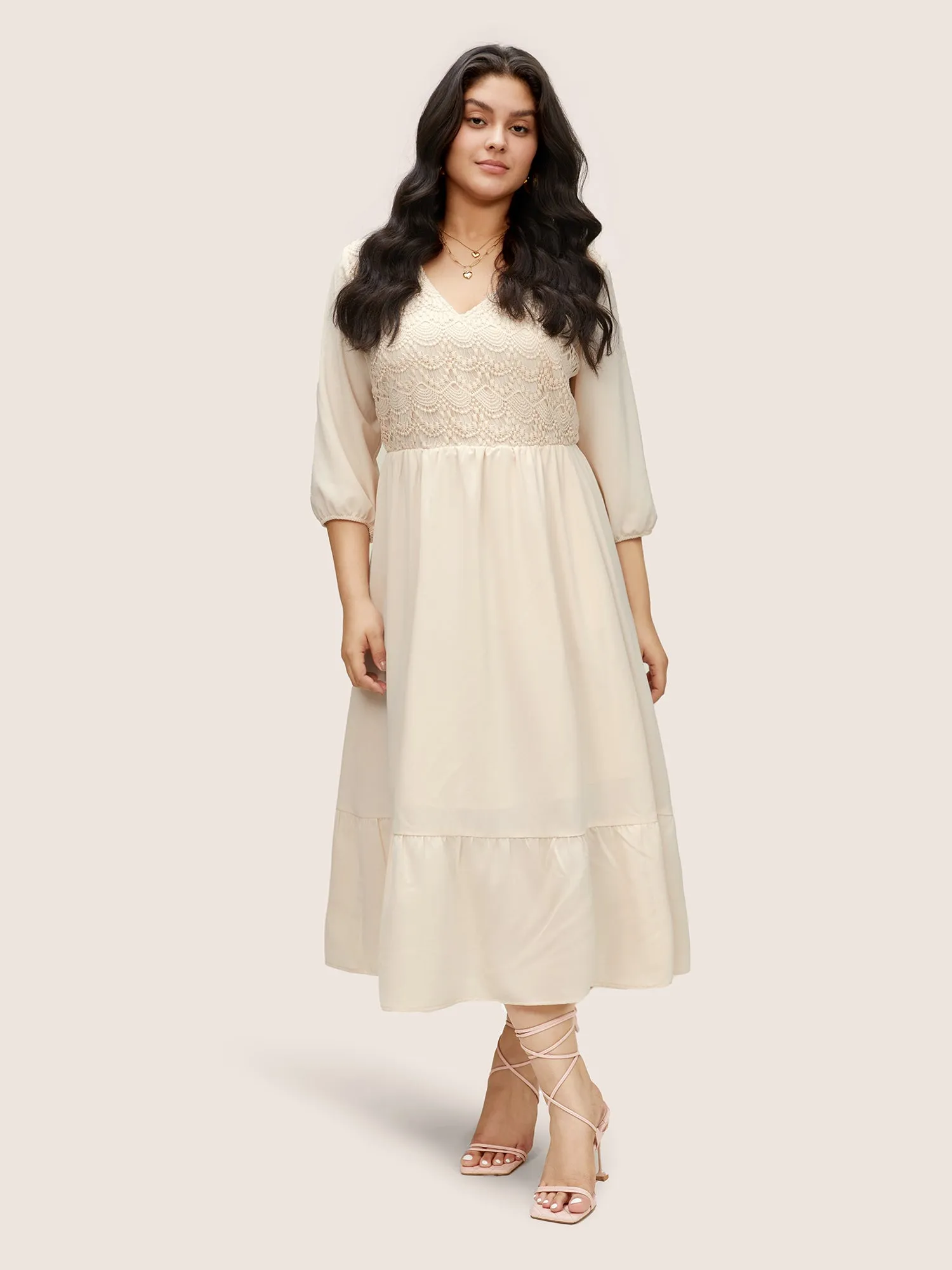 Guipure Lace Lantern Sleeve Elastic Waist Dress sold by Bloomchic product image thumbnail 2