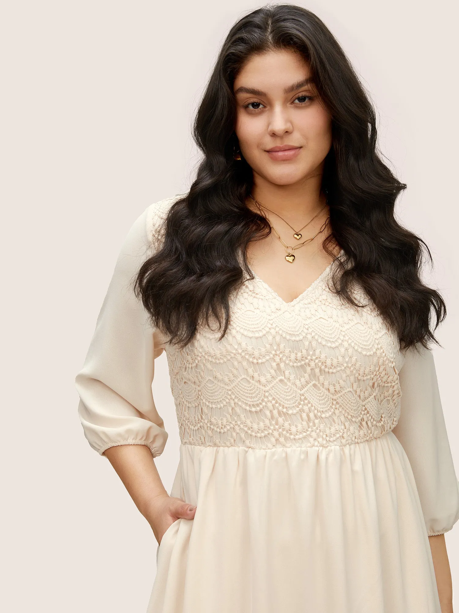 Guipure Lace Lantern Sleeve Elastic Waist Dress sold by Bloomchic product image thumbnail 4