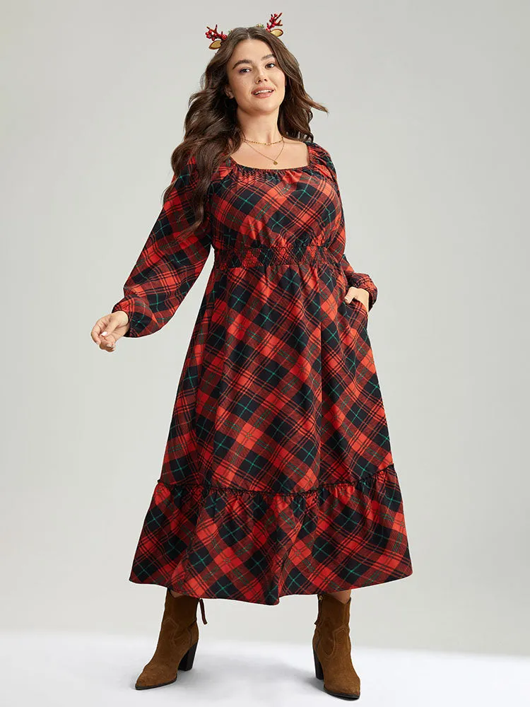 Plaid Shirred Frill Trim Pocket Square Neck Dress sold by Bloomchic product image thumbnail 2
