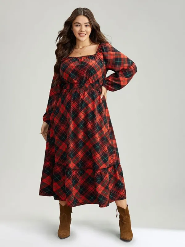 Plaid Shirred Frill Trim Pocket Square Neck Dress sold by Bloomchic