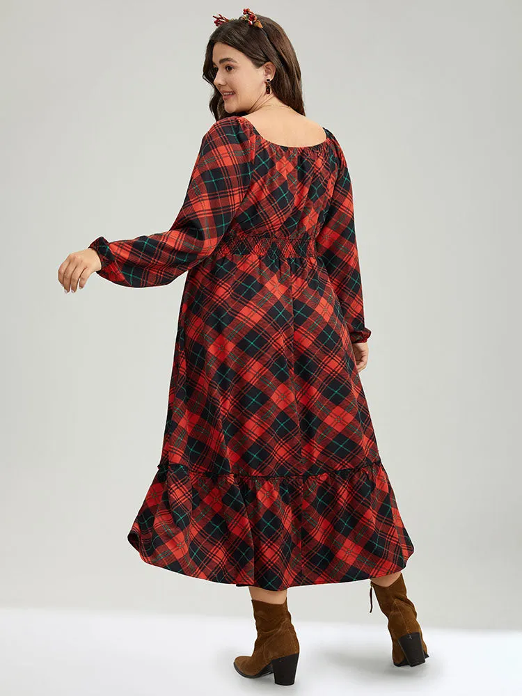 Plaid Shirred Frill Trim Pocket Square Neck Dress sold by Bloomchic product image thumbnail 5