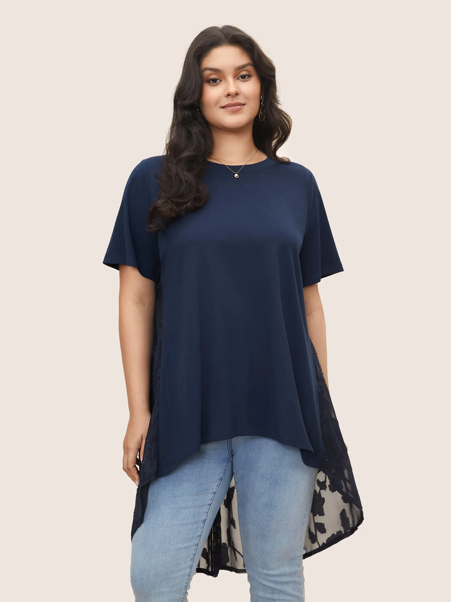 Solid Patchwork Lace Curved Hem T-shirt sold by Bloomchic