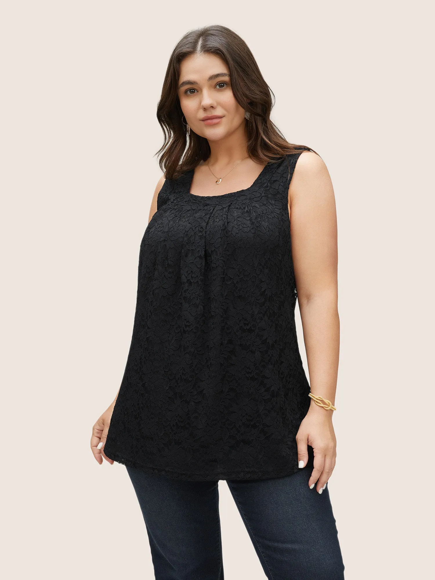 Solid Crochet Lace Plicated Detail Tank Top sold by Bloomchic