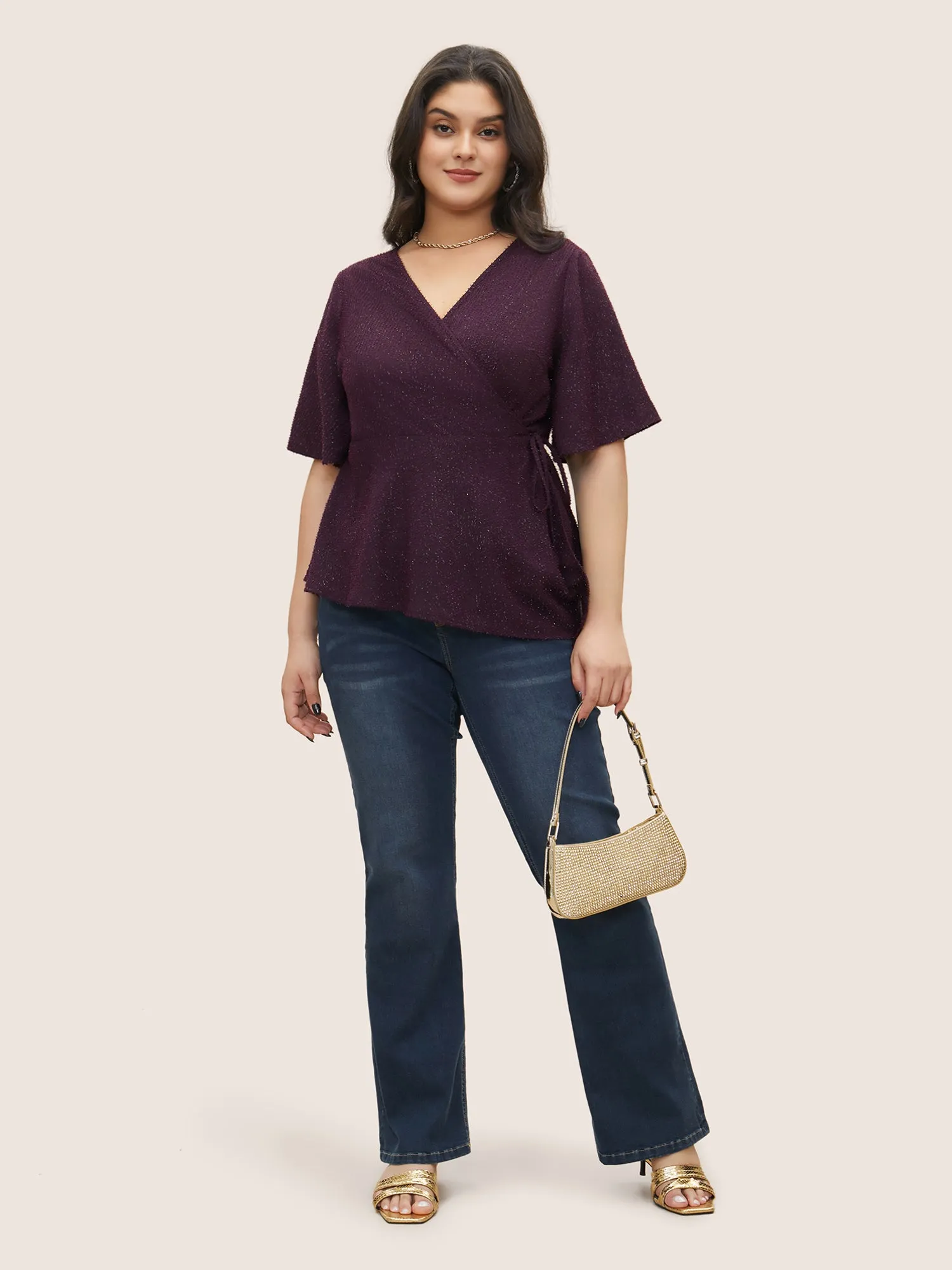 Plain Texture Wrap Ties Asymmetrical Hem Blouse sold by Bloomchic product image thumbnail 2