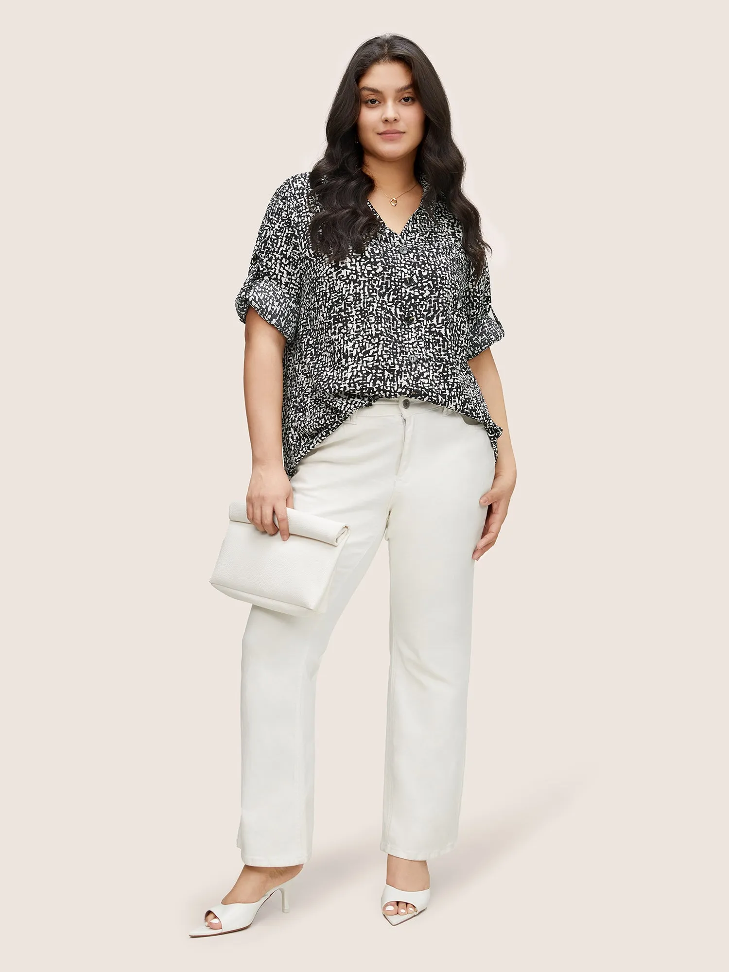 Geometric Shirt Collar Button Through Tab Sleeve Blouse sold by Bloomchic product image thumbnail 2