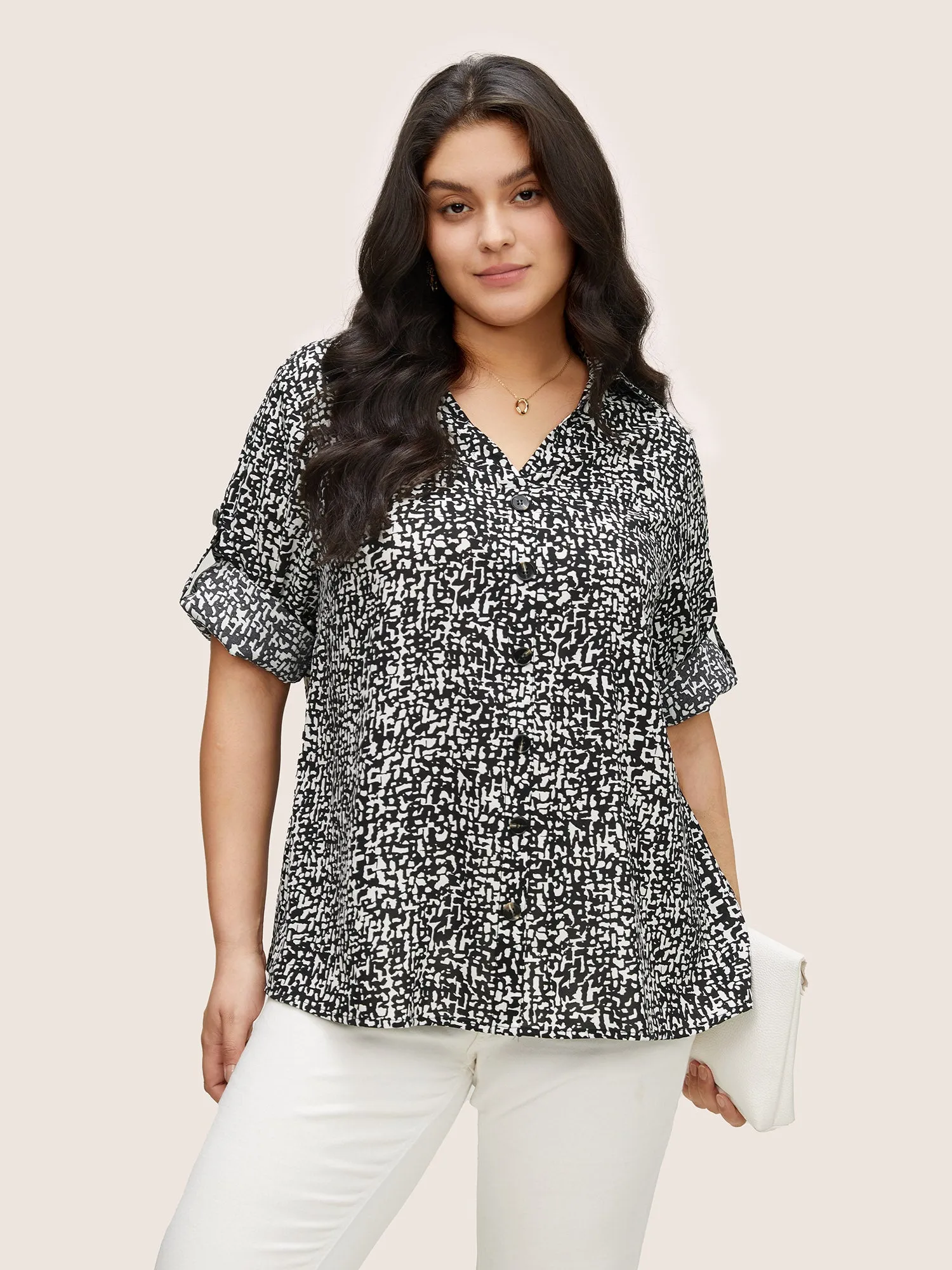 Geometric Shirt Collar Button Through Tab Sleeve Blouse sold by Bloomchic