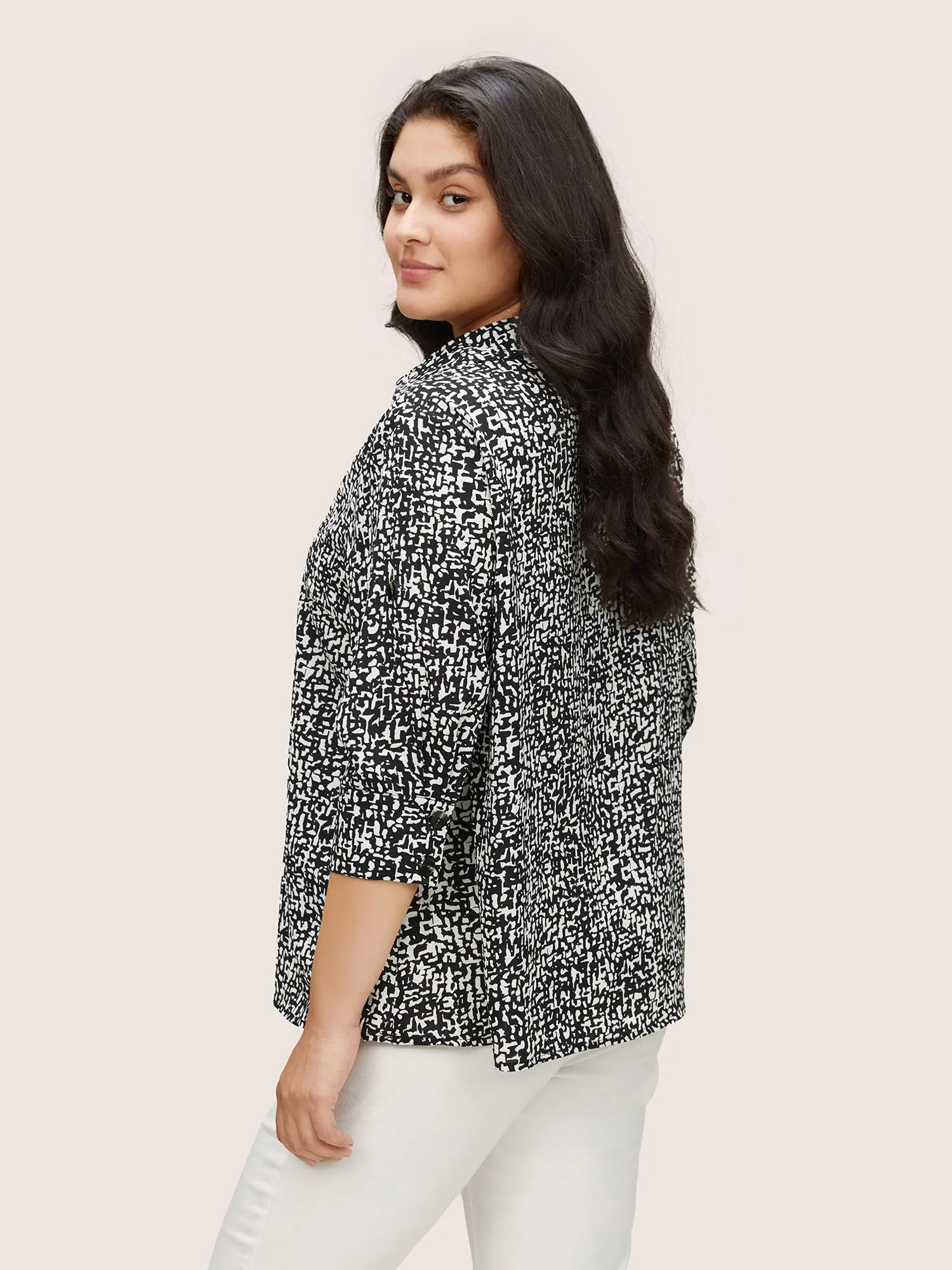 Geometric Shirt Collar Button Through Tab Sleeve Blouse sold by Bloomchic product image thumbnail 4