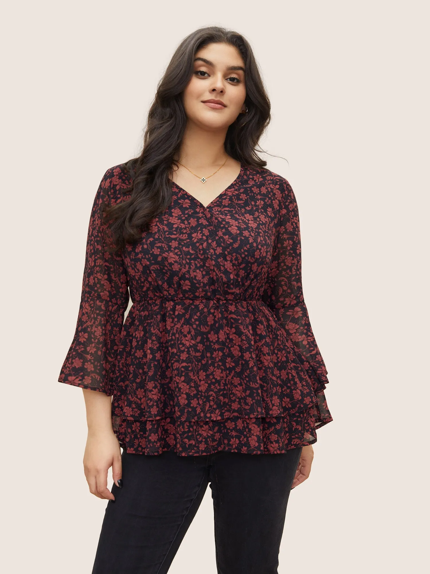 Silhouette Floral Print Wrap Mesh Bell Sleeve Blouse sold by Bloomchic