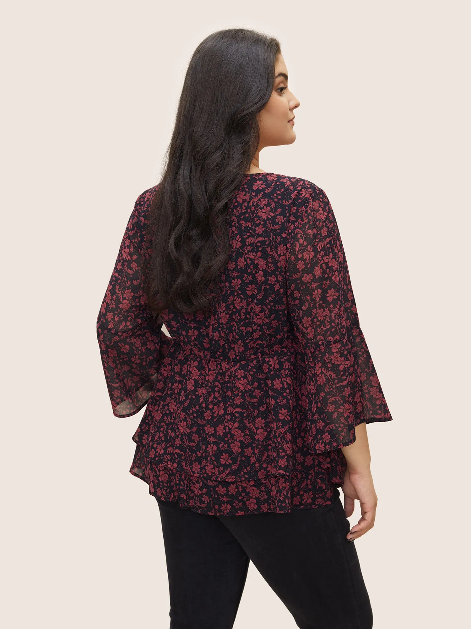 Silhouette Floral Print Wrap Mesh Bell Sleeve Blouse sold by Bloomchic product image thumbnail 4