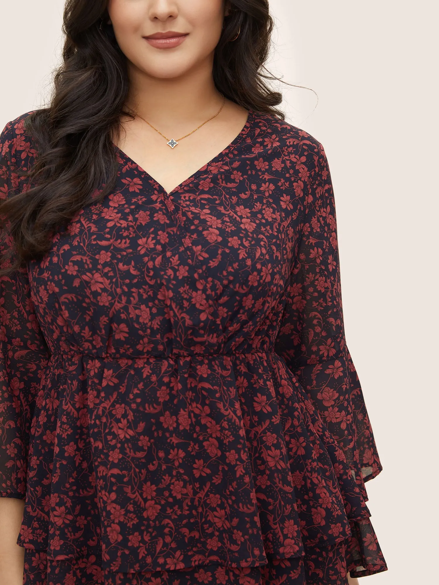 Silhouette Floral Print Wrap Mesh Bell Sleeve Blouse sold by Bloomchic product image thumbnail 3