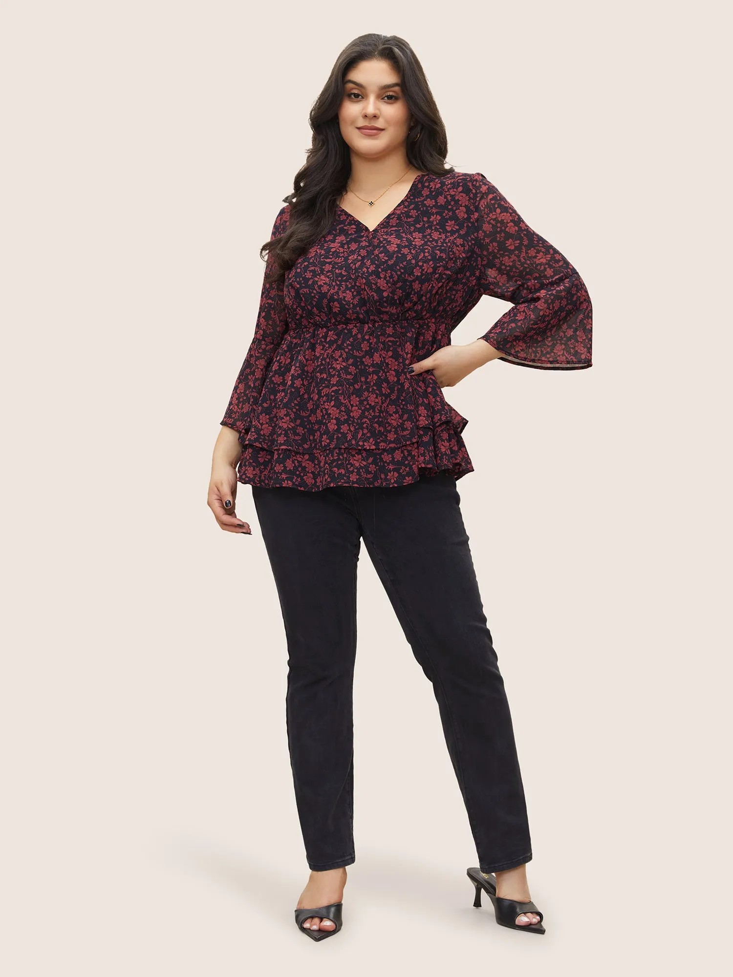 Silhouette Floral Print Wrap Mesh Bell Sleeve Blouse sold by Bloomchic product image thumbnail 2