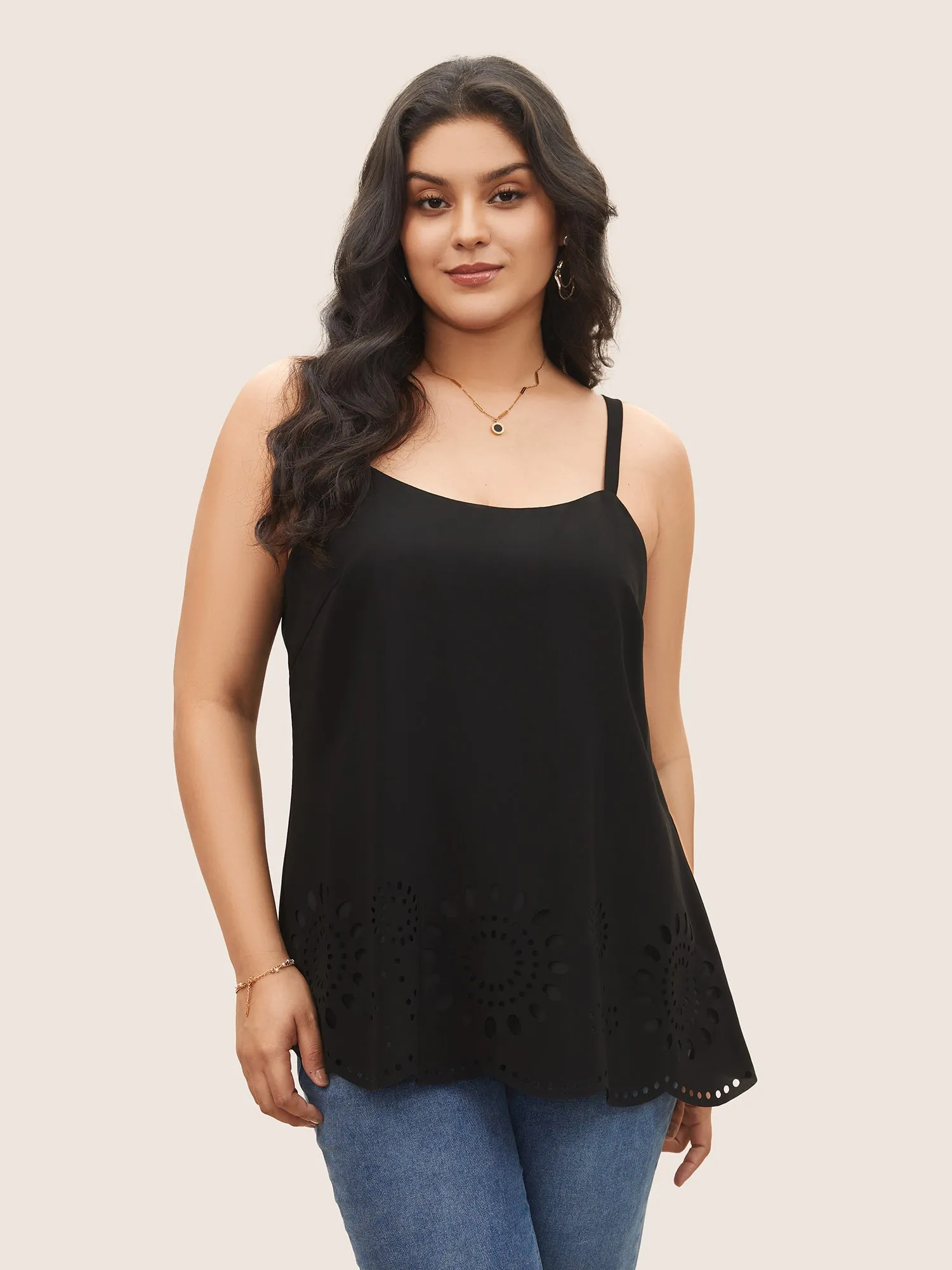 Solid Adjustable Straps Laser Cut Cami Top sold by Bloomchic