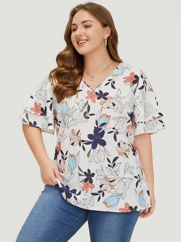 Floral Print Flutter Layered Sleeve Blouse sold by Bloomchic