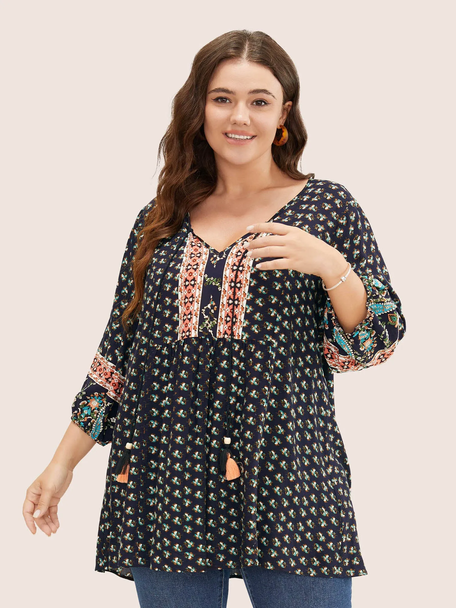 Bandana Print Lantern Sleeve Tassels Tie Neck Blouse sold by Bloomchic product image thumbnail 5