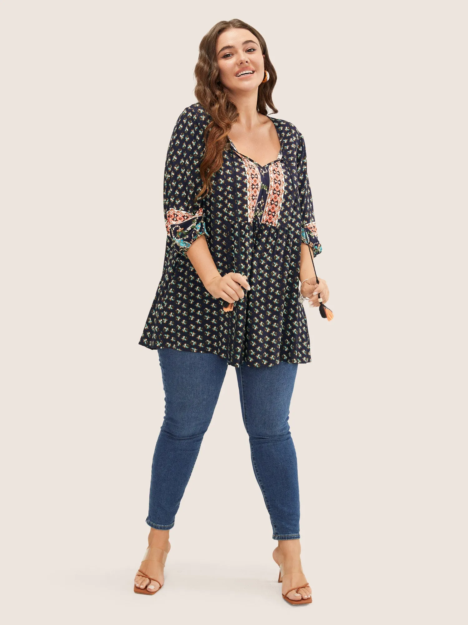 Bandana Print Lantern Sleeve Tassels Tie Neck Blouse sold by Bloomchic product image thumbnail 4