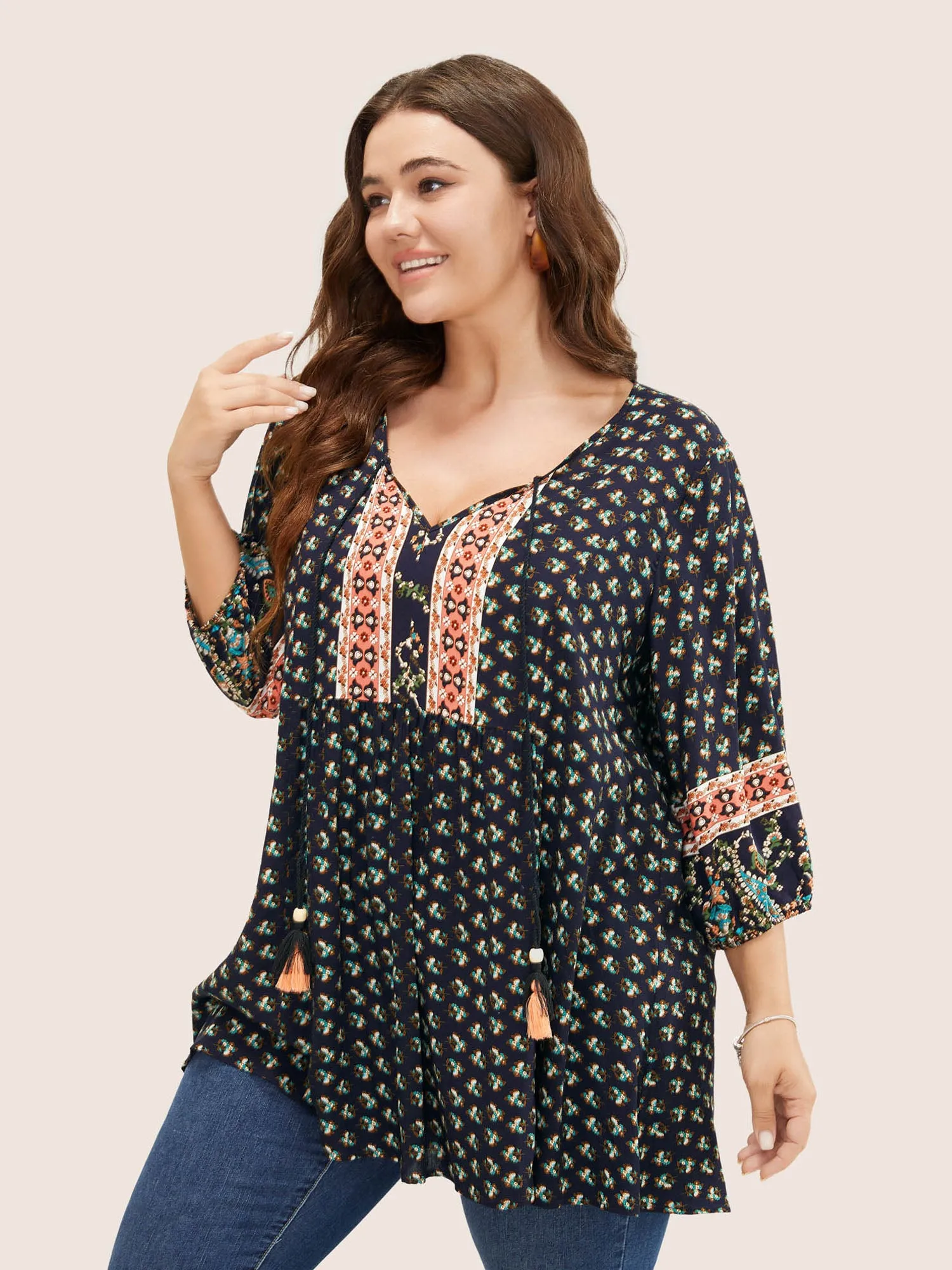 Bandana Print Lantern Sleeve Tassels Tie Neck Blouse sold by Bloomchic product image thumbnail 3
