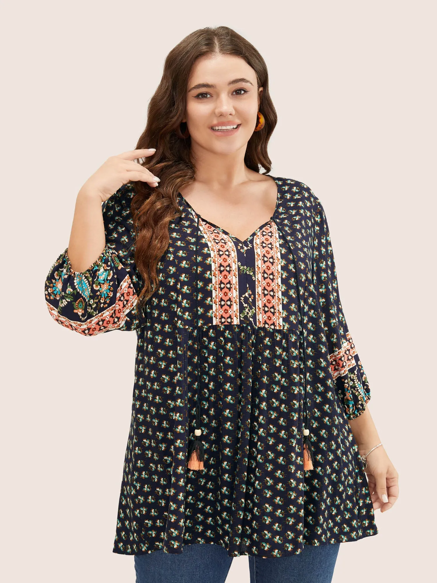 Bandana Print Lantern Sleeve Tassels Tie Neck Blouse sold by Bloomchic