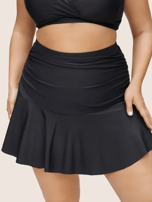 Plain Ruched Elastic Waist Ruffle Hem Swim Bottom sold by Bloomchic