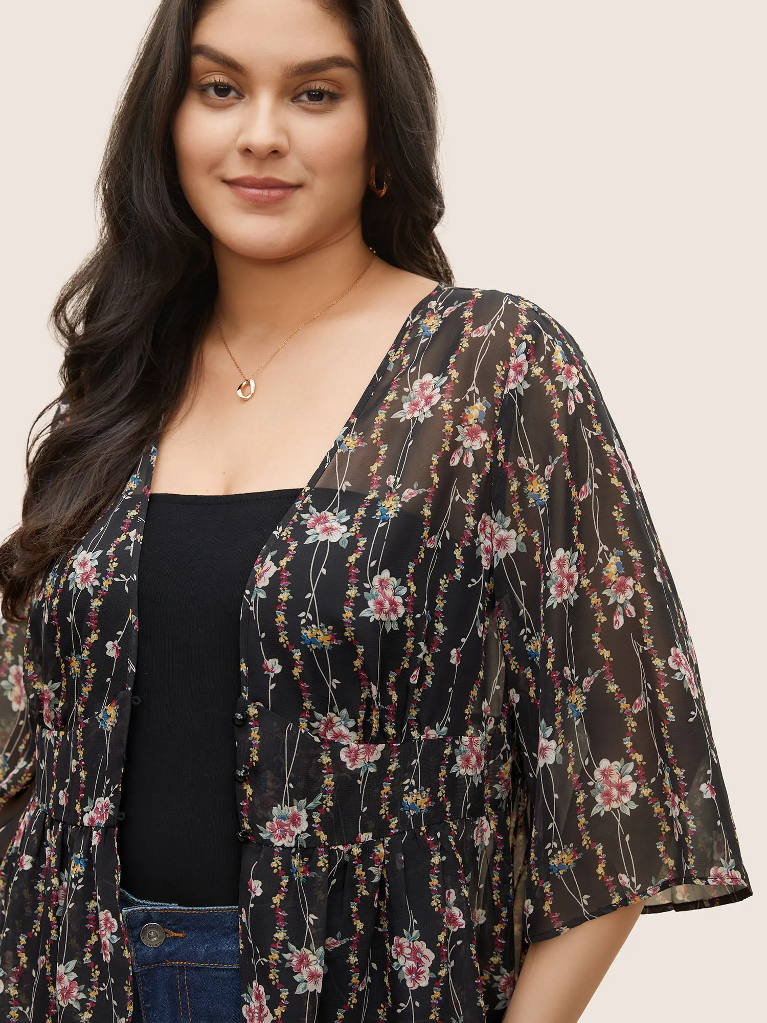 Floral Mesh Bell Sleeve Curved Hem Kimono sold by Bloomchic product image thumbnail 2