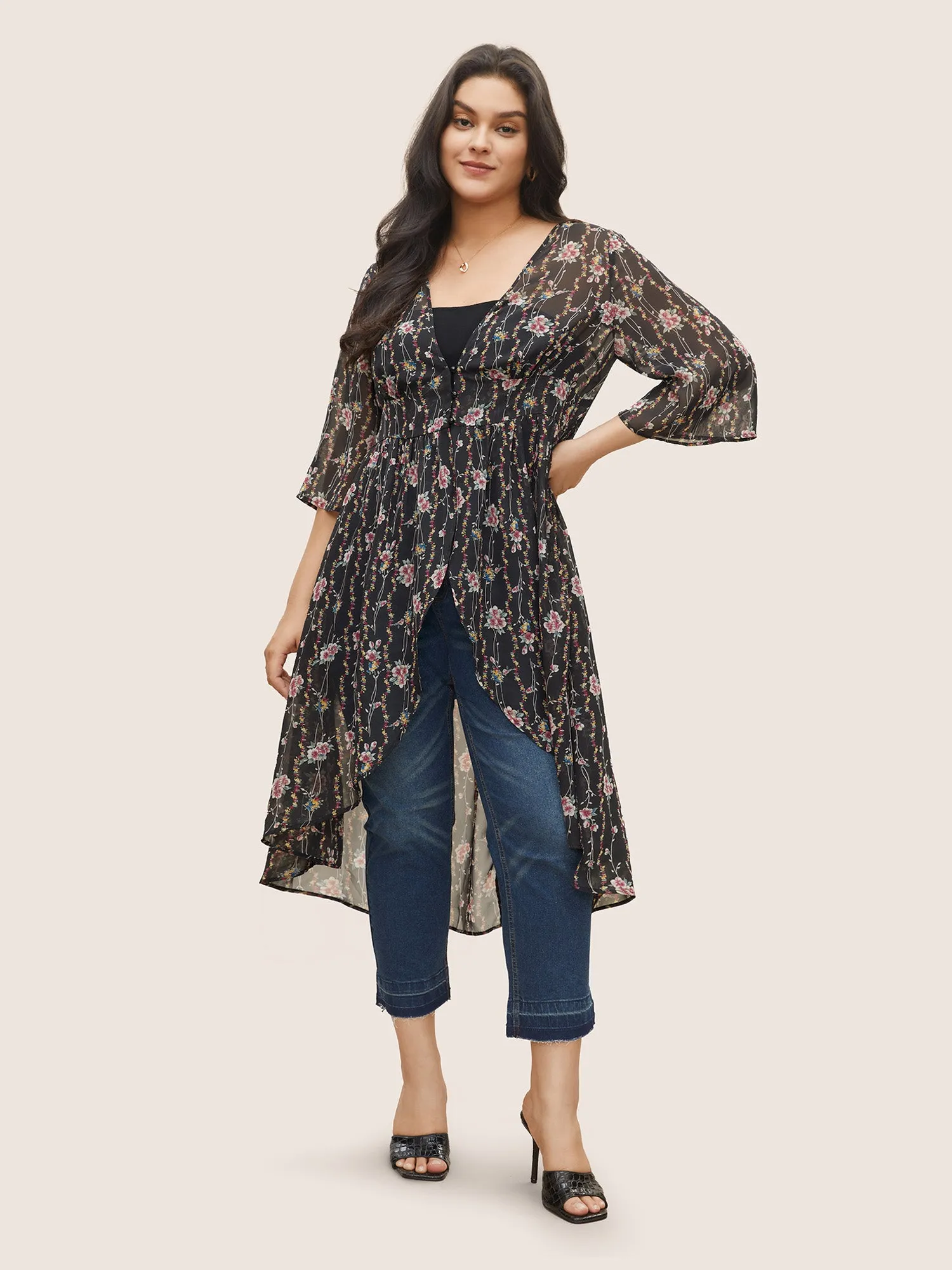 Floral Mesh Bell Sleeve Curved Hem Kimono sold by Bloomchic product image thumbnail 3