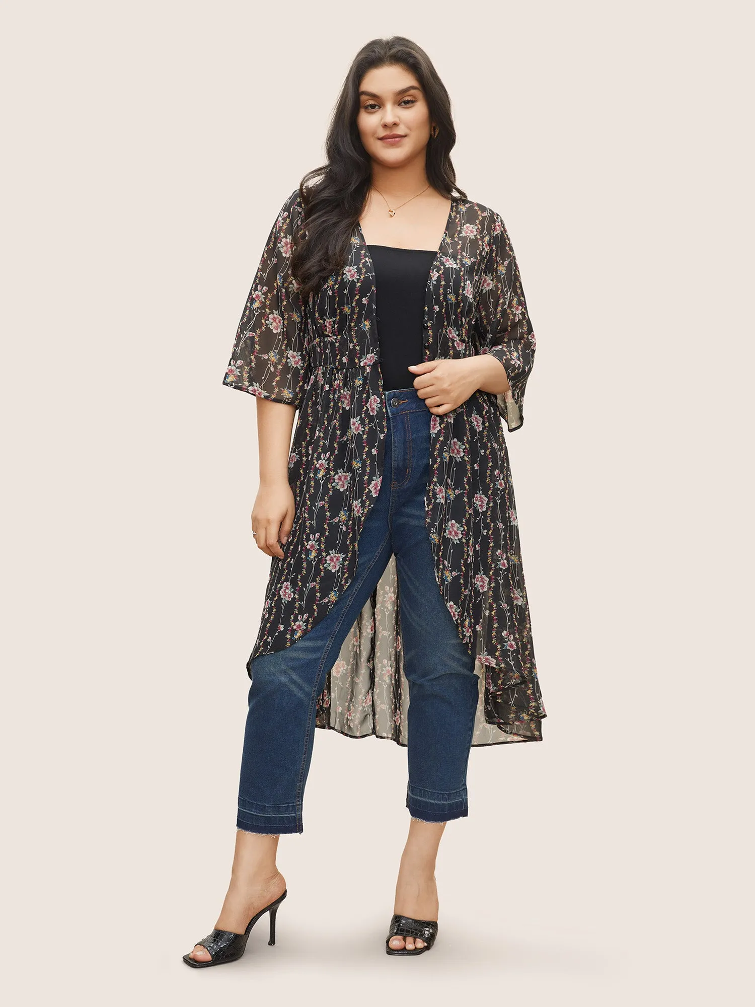 Floral Mesh Bell Sleeve Curved Hem Kimono sold by Bloomchic