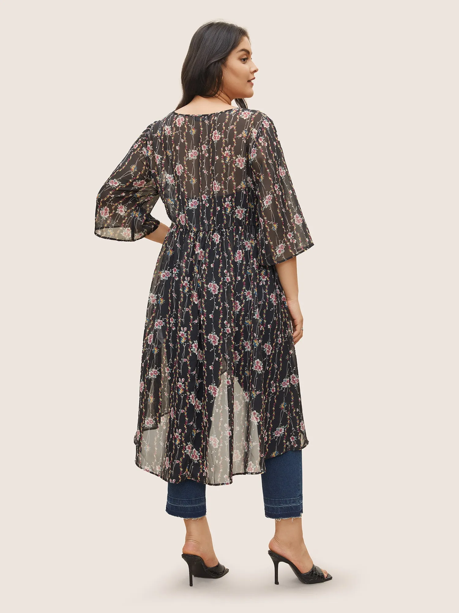 Floral Mesh Bell Sleeve Curved Hem Kimono sold by Bloomchic product image thumbnail 4