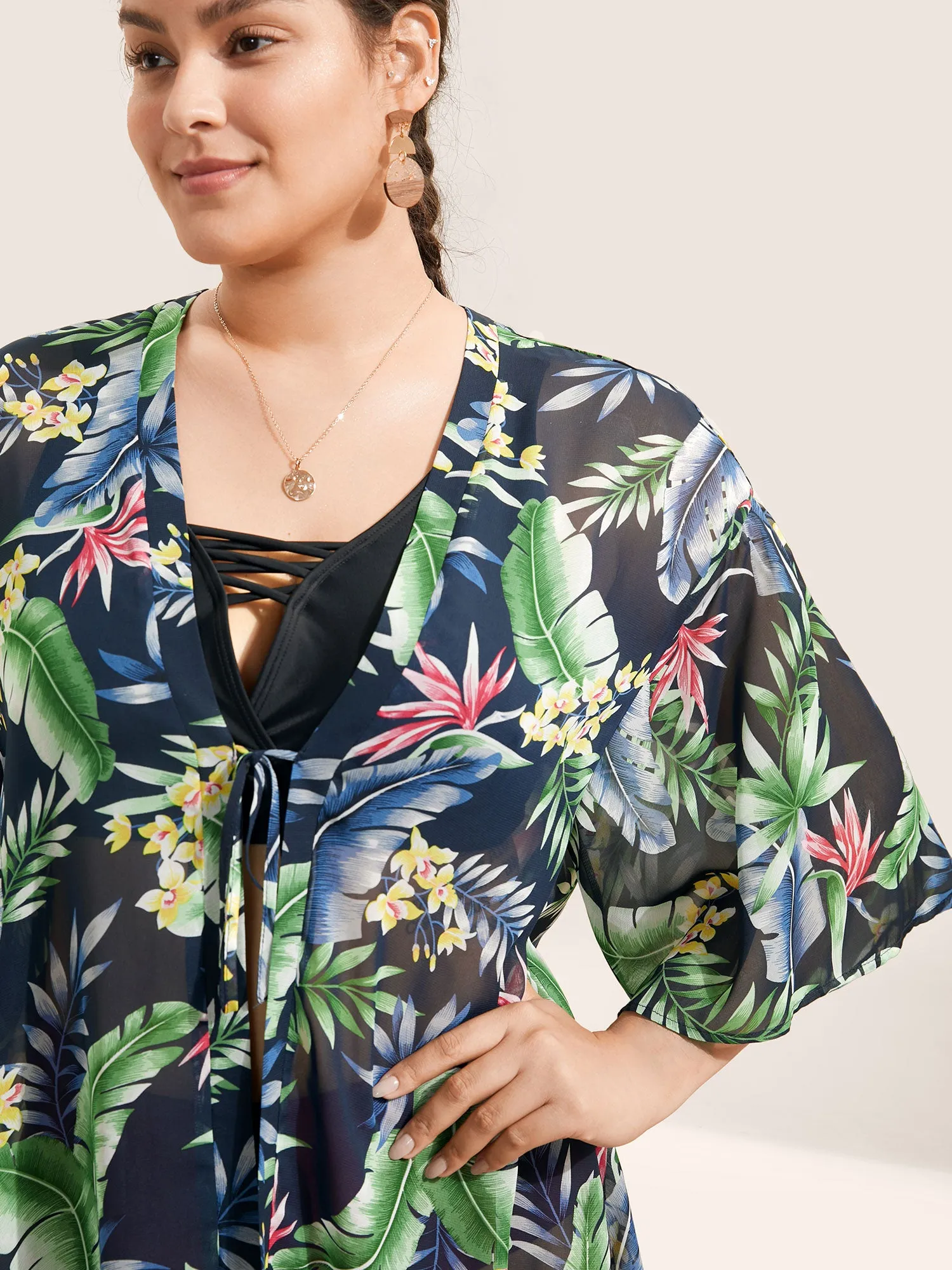 Chiffon Plants Print Ties Front Kimono sold by Bloomchic product image thumbnail 2