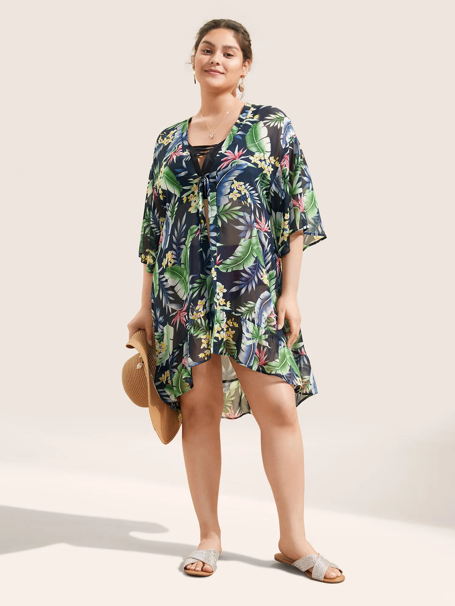 Chiffon Plants Print Ties Front Kimono sold by Bloomchic