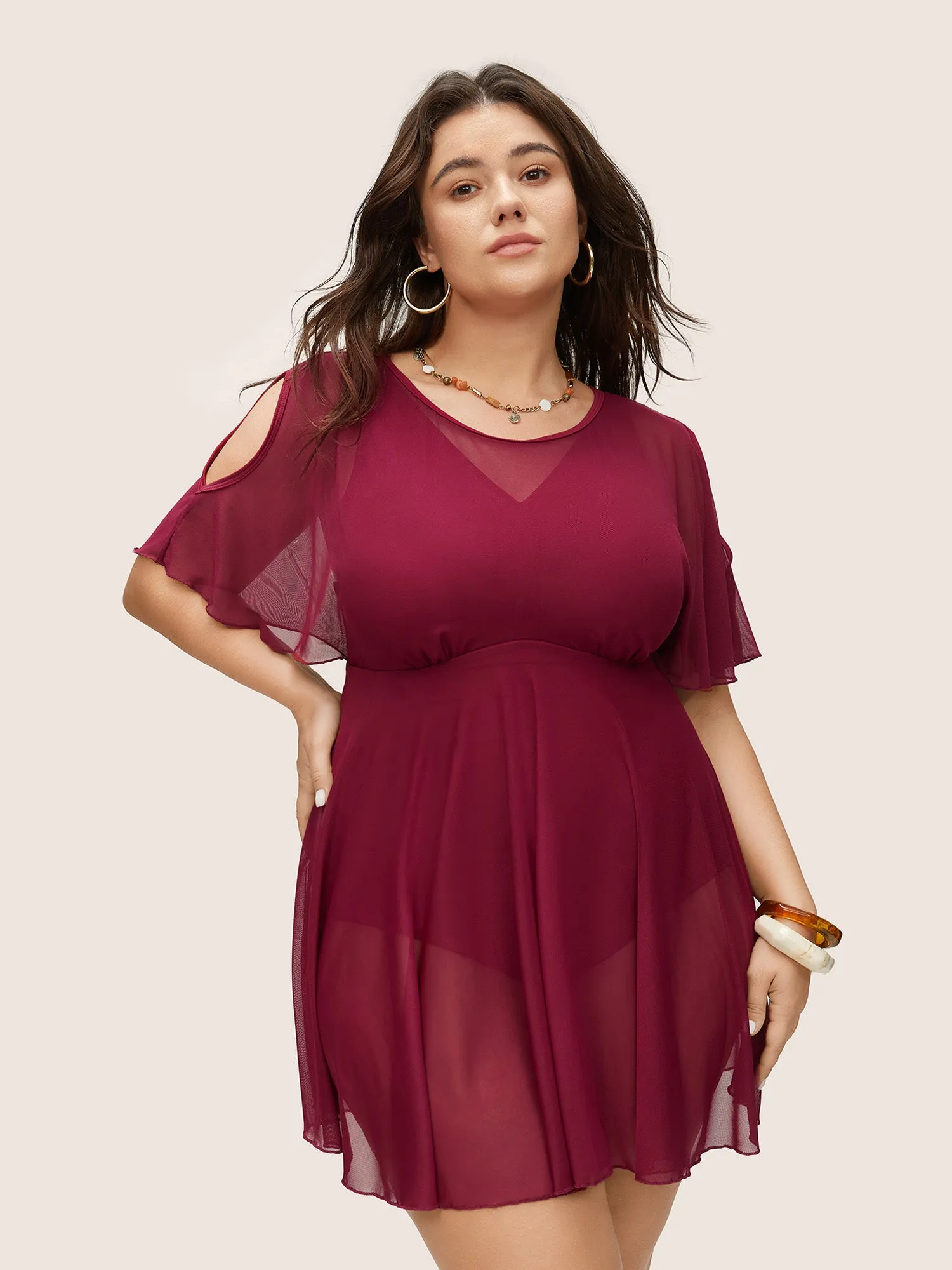 Plain Flutter Sleeve Tiered Mesh Swim Dress sold by Bloomchic