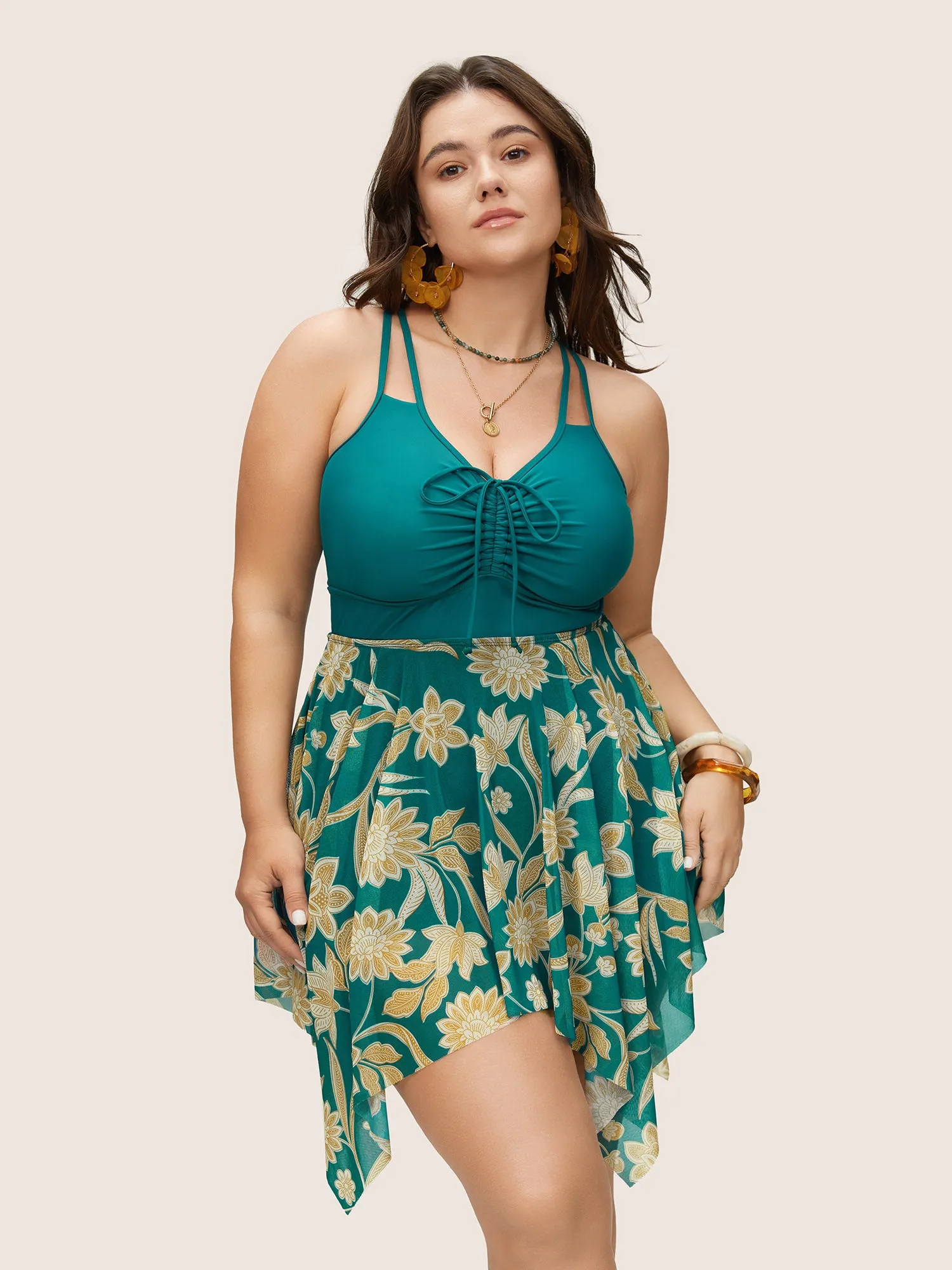 Floral Print Patchwork Drawstring Ruched Swim Dress sold by Bloomchic