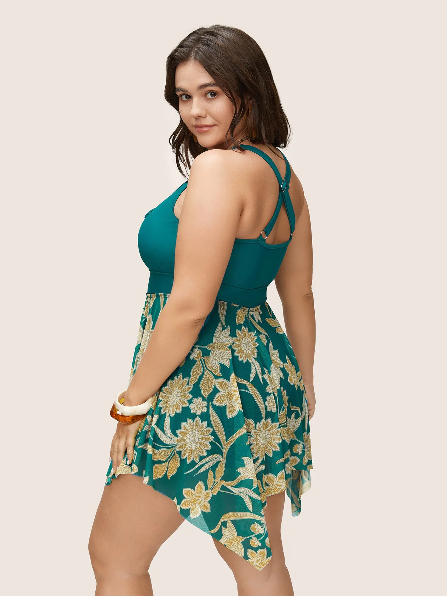 Floral Print Patchwork Drawstring Ruched Swim Dress sold by Bloomchic product image thumbnail 2