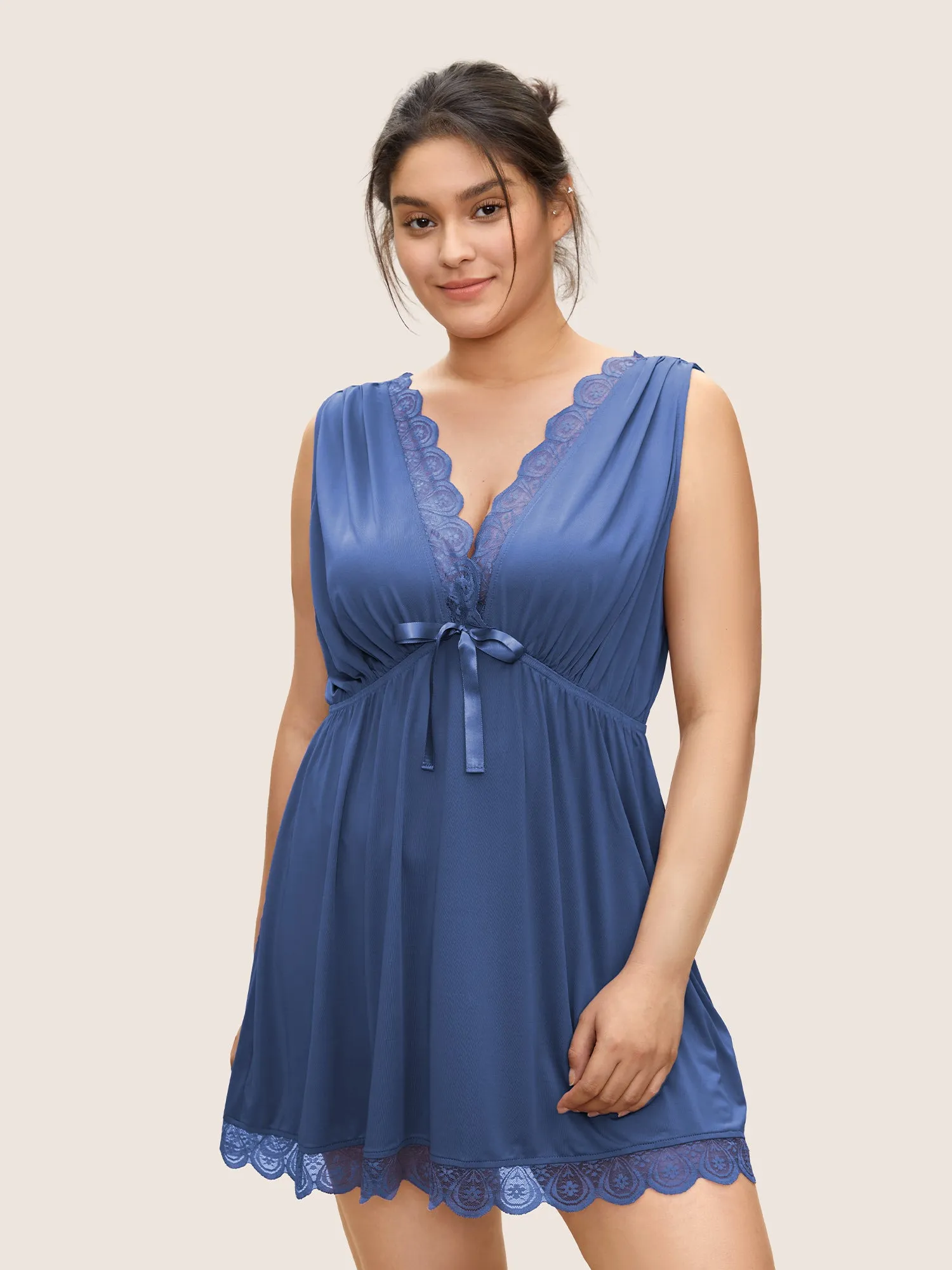 Lace Panel Deep V Neck Gathered Backless Sleep Dress sold by Bloomchic product image thumbnail 4