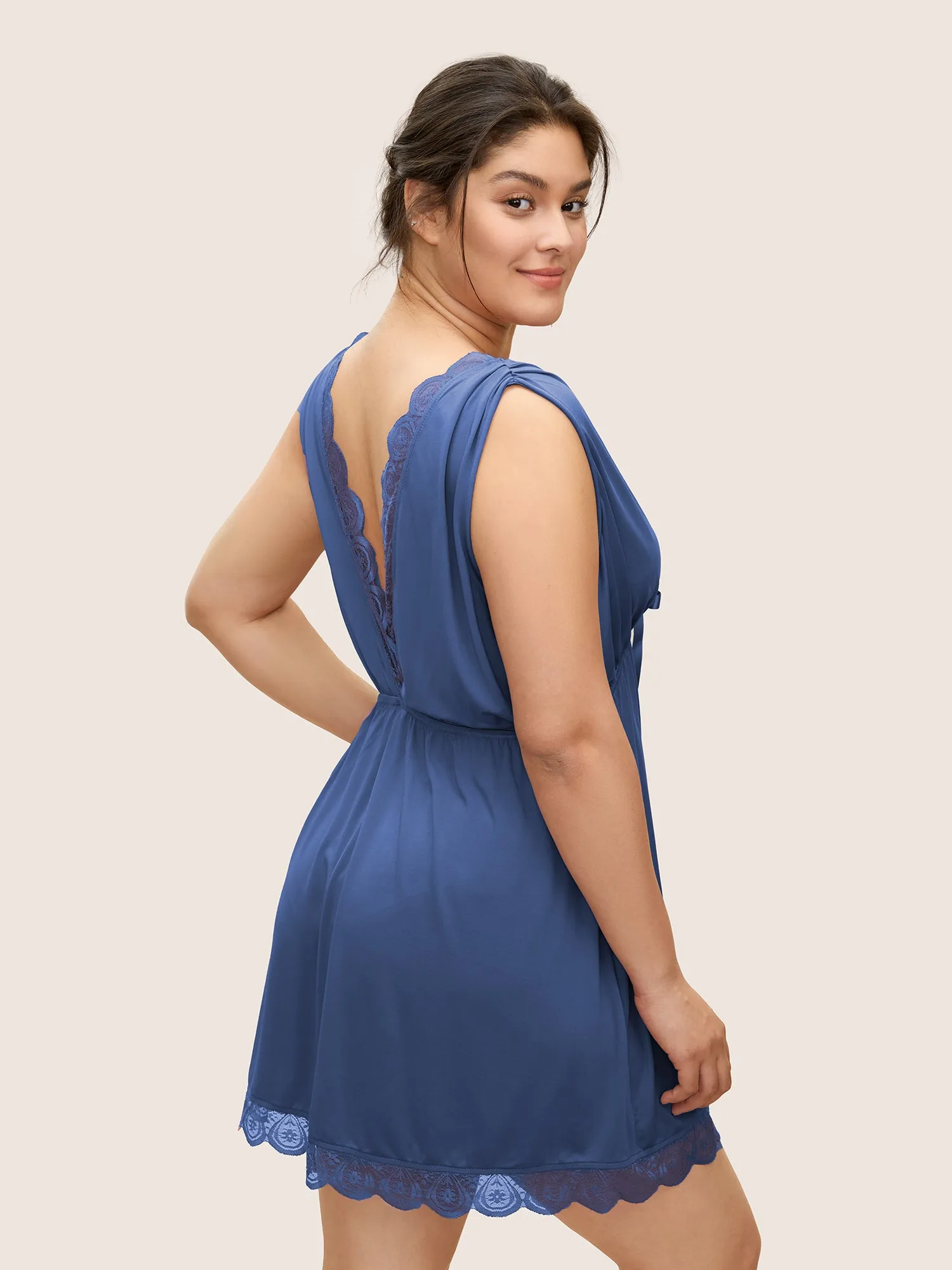 Lace Panel Deep V Neck Gathered Backless Sleep Dress sold by Bloomchic product image thumbnail 2
