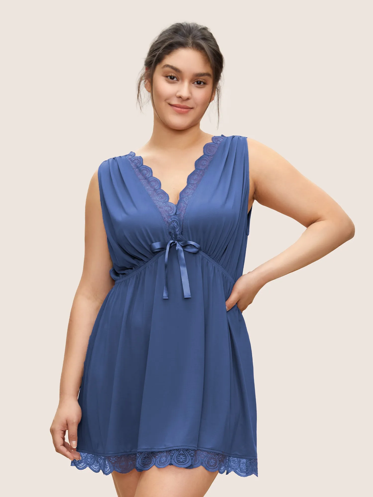 Lace Panel Deep V Neck Gathered Backless Sleep Dress sold by Bloomchic