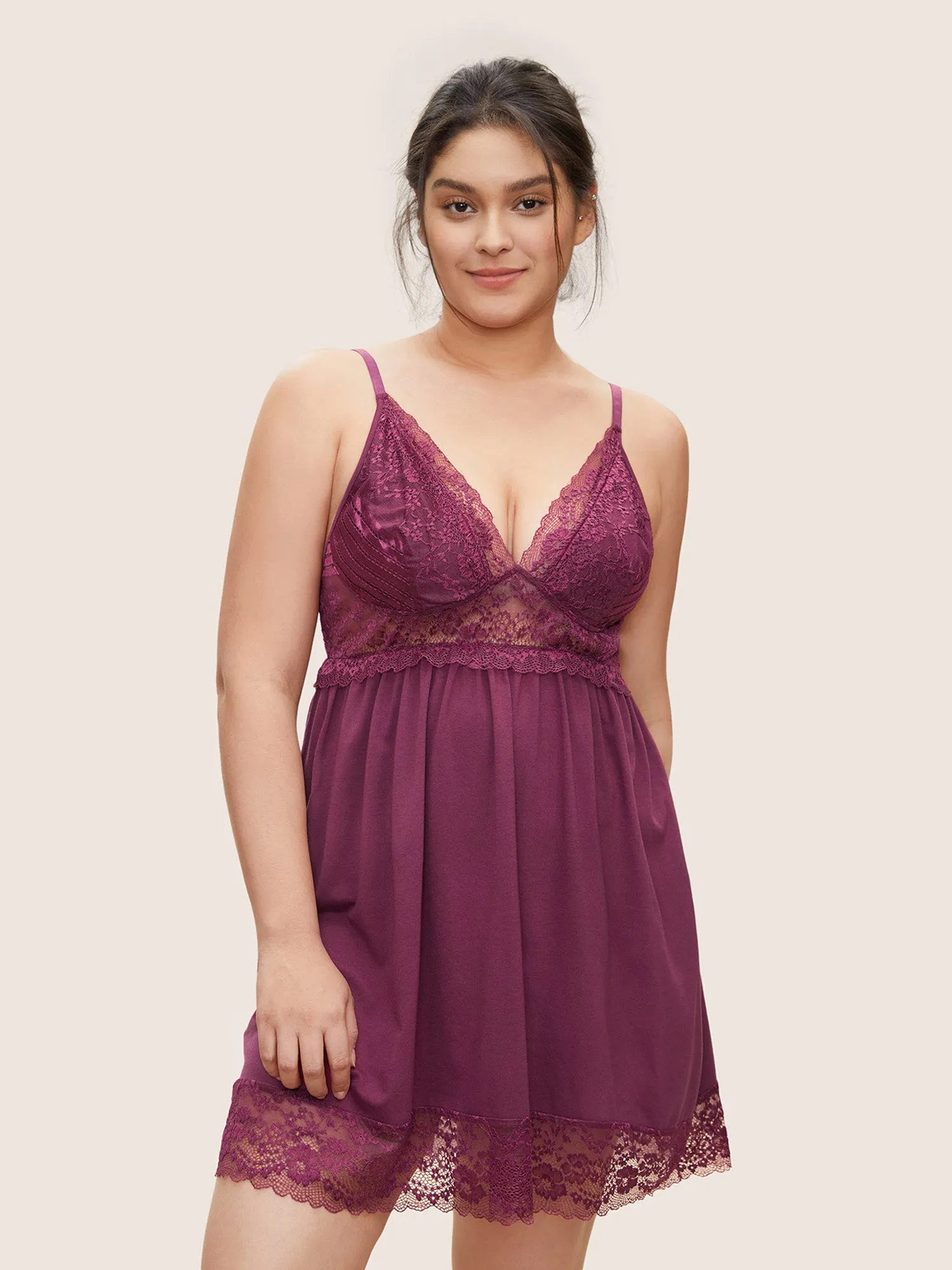 Solid Lace Panel Mesh Cami Sleep Dress sold by Bloomchic