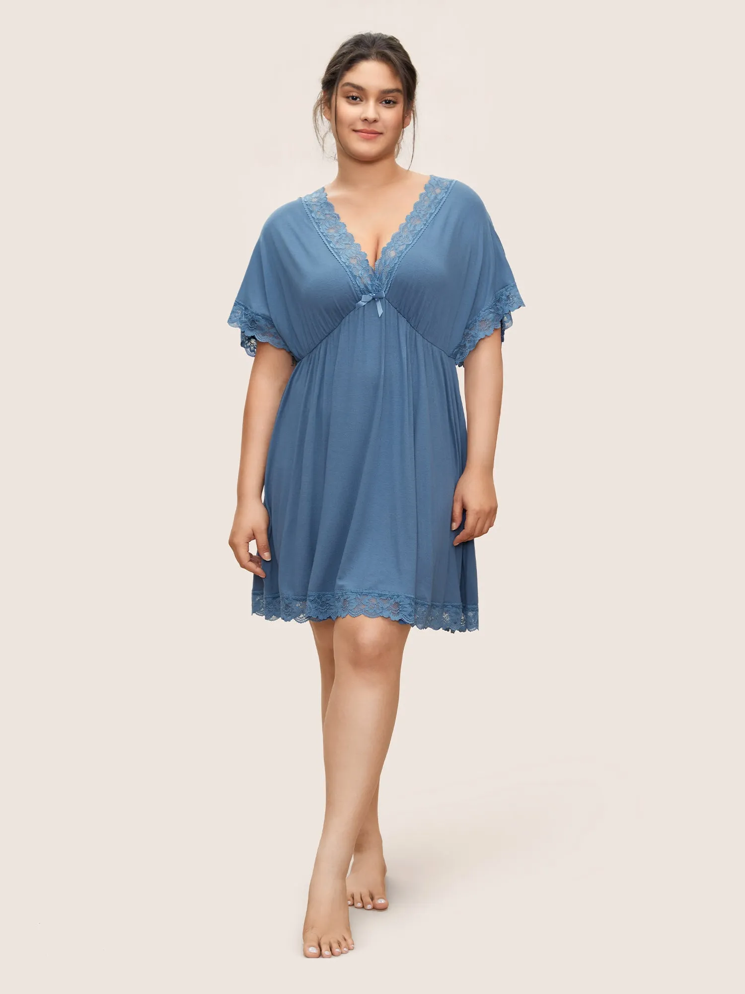 Lace Panel Deep V Neck Bowknot Sleep Dress sold by Bloomchic product image thumbnail 4