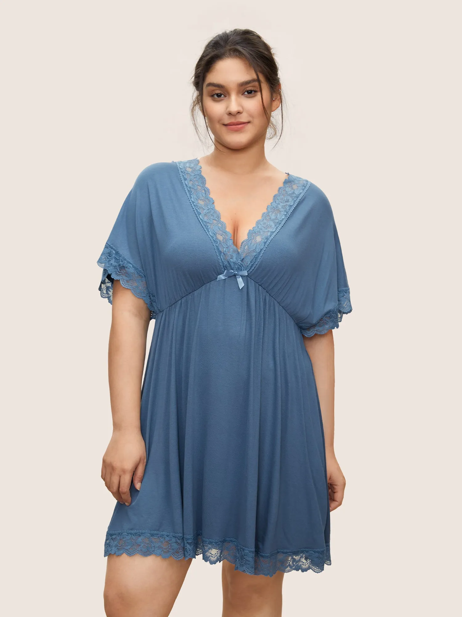 Lace Panel Deep V Neck Bowknot Sleep Dress sold by Bloomchic