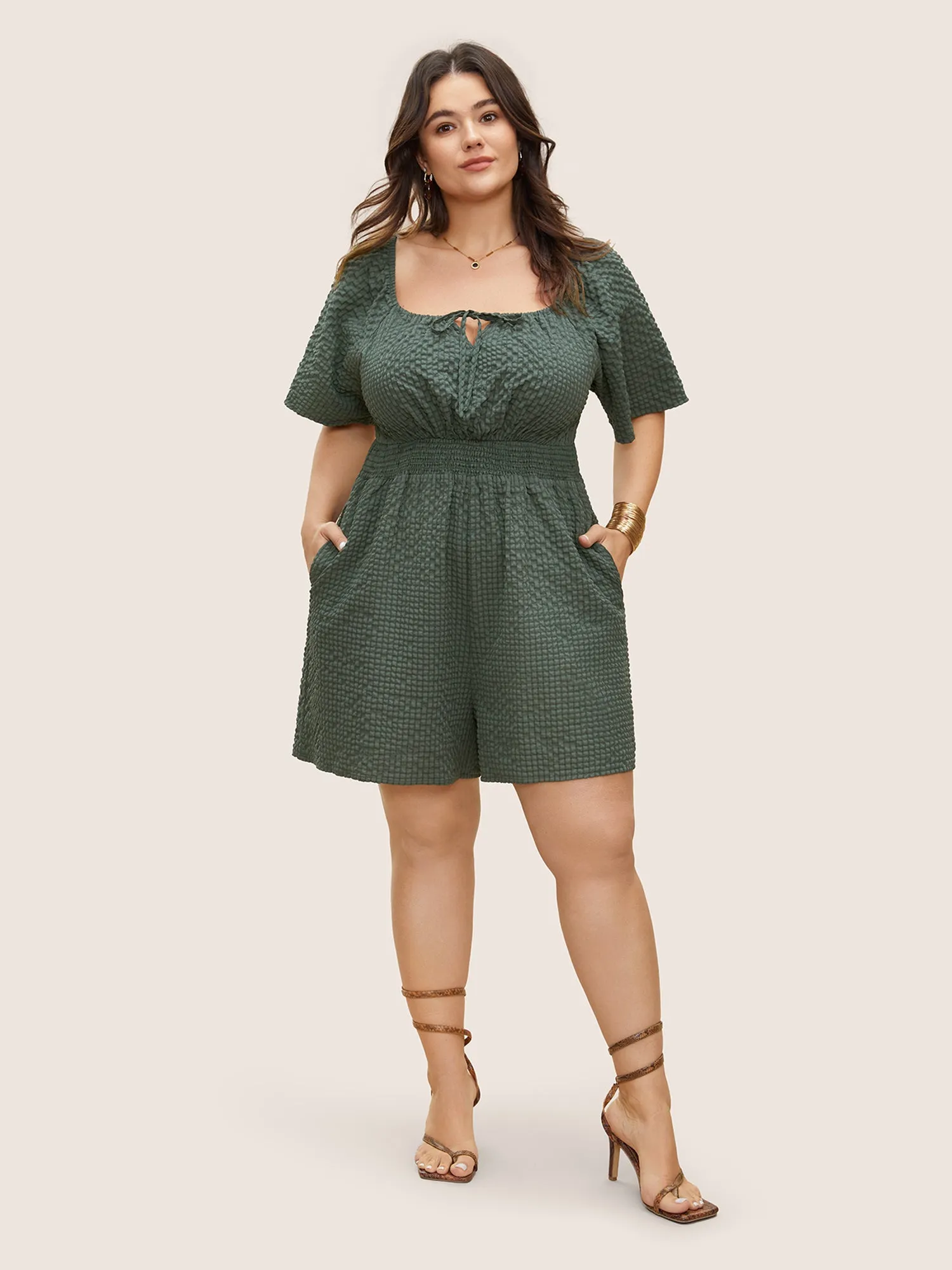 Plisse Shirred Pocket Knot Neck Romper sold by Bloomchic product image thumbnail 2