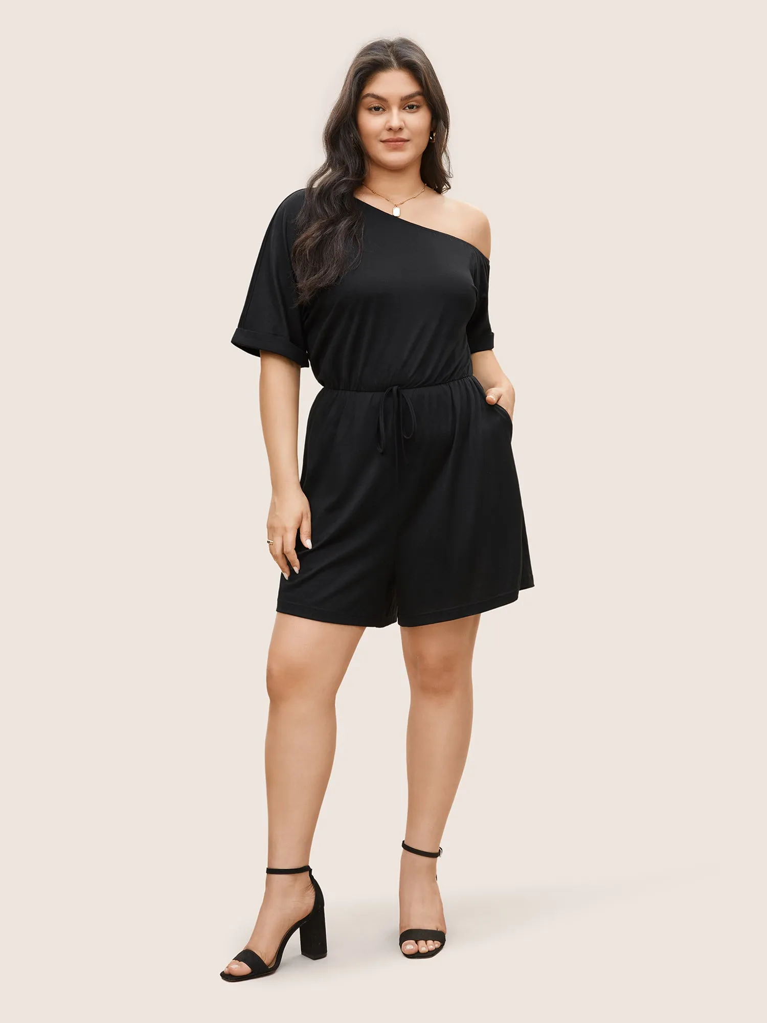 Plain One Shoulder Cuffed Sleeve Ties Romper sold by Bloomchic product image thumbnail 2